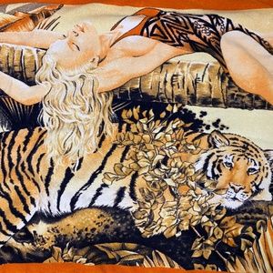 Vintage circa 1982 Maiden Sunshine Corp Beach Towel Tiger Women Orange Stripes